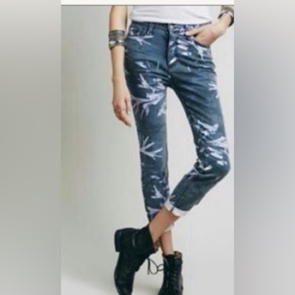 Free People Jeans Womens 24 Gray Printed Trees Leaves Cropped Ankle